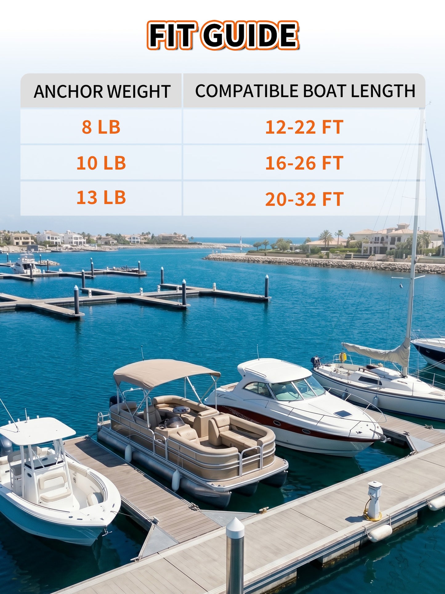 8/10/13 LB Fluke Anchor Kit with 100 FT Nylon Rope, Chain and Shackles, Danforth Anchor for Pontoon, Dinghies, Fishing and Bass Boats 12-32 FT