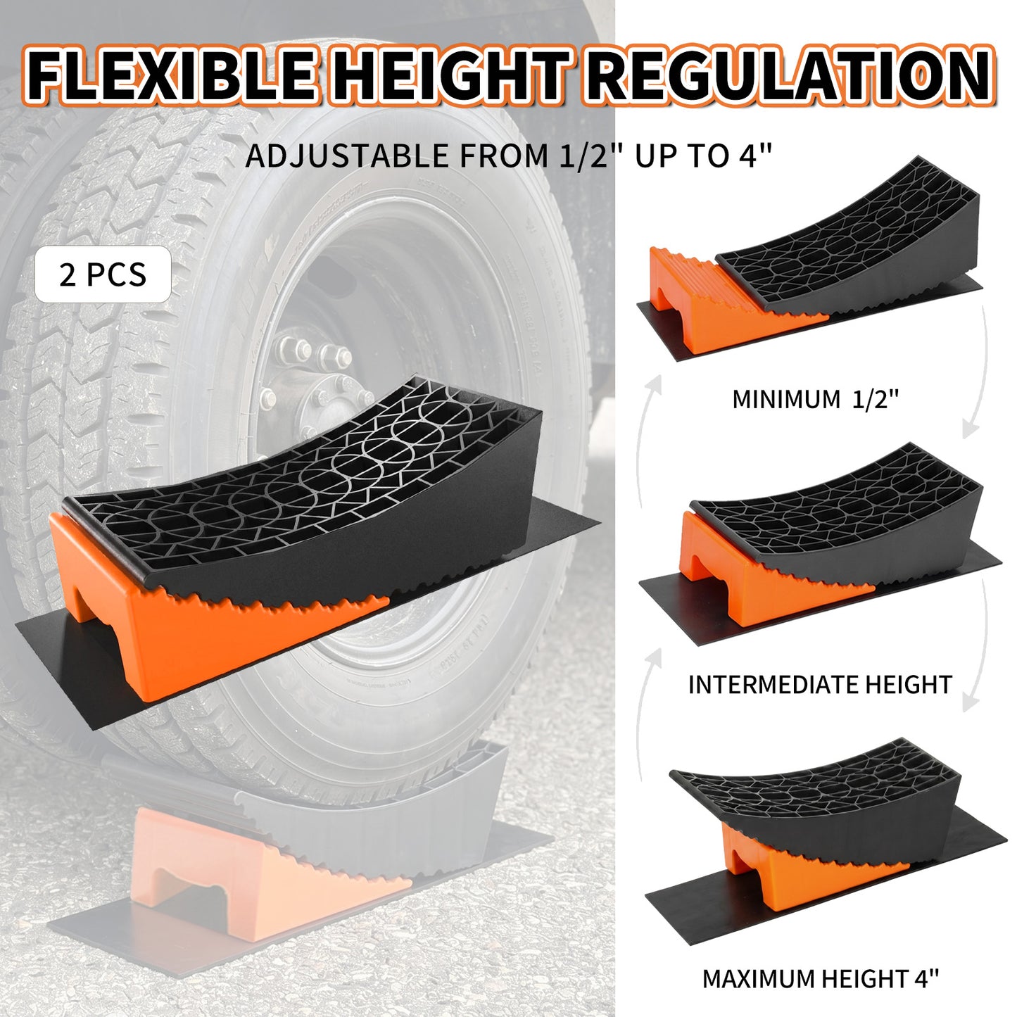 RV Leveling Block, Curved Leveler Kit, Dual Axle Trailer, Orange Lift 1/2" to 4", 2 Curved Ramp, 2 Chock, 2 Rubber Mat, 1 T Bubble Level, 1 Carry Bag, 2PK