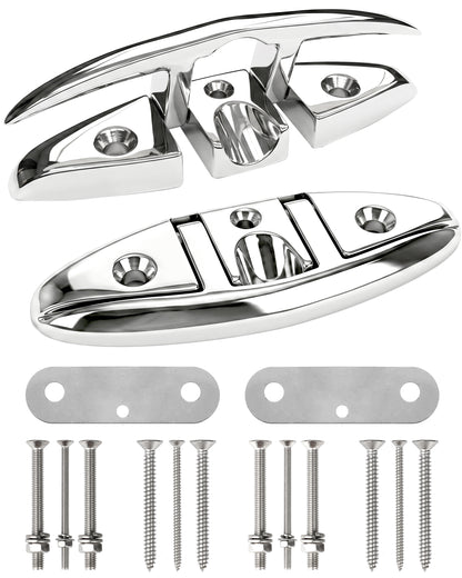 6" Flip Up Boat Cleat, 316 Stainless Steel Folding Dock Cleat with Fasteners, Marine Grade Rope Cleats for Kayak, Yacht & Pontoon, 2-Pack/4-Pack