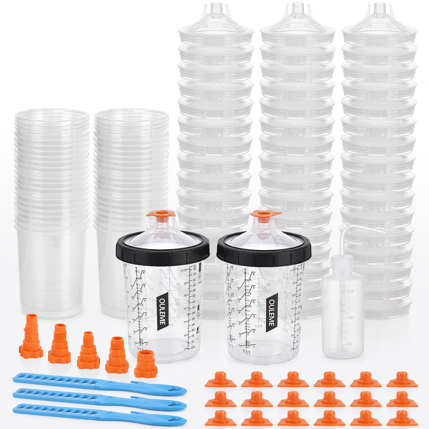 12/20/27oz Disposable Paint Cup System, 50Pk Liners & Lids with 5 Adapters COMPATIBLE with 3M PPS 1.0, Fits SATA, Iwata, DeVilbiss, WARTE HVLP & LVLP Spray Guns; 125/190 Micron Filter Lids, 360° Leakproof
