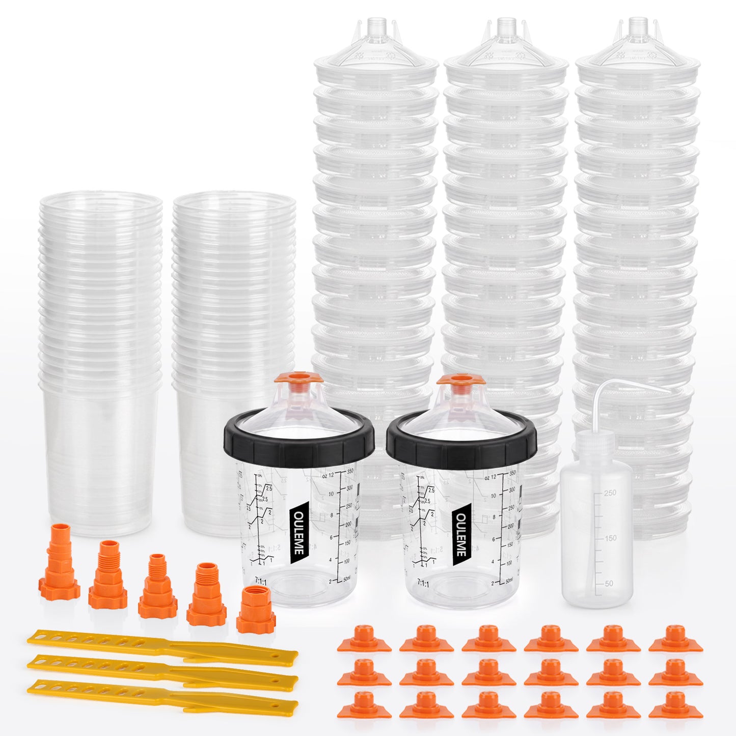 12/20/27oz Disposable Paint Cup System, 50Pk Liners & Lids with 5 Adapters COMPATIBLE with 3M PPS 1.0, Fits SATA, Iwata, DeVilbiss, WARTE HVLP & LVLP Spray Guns; 125/190 Micron Filter Lids, 360° Leakproof