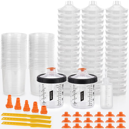12/20/27oz Disposable Paint Cup System, 50Pk Liners & Lids with 5 Adapters COMPATIBLE with 3M PPS 1.0, Fits SATA, Iwata, DeVilbiss, WARTE HVLP & LVLP Spray Guns; 125/190 Micron Filter Lids, 360° Leakproof