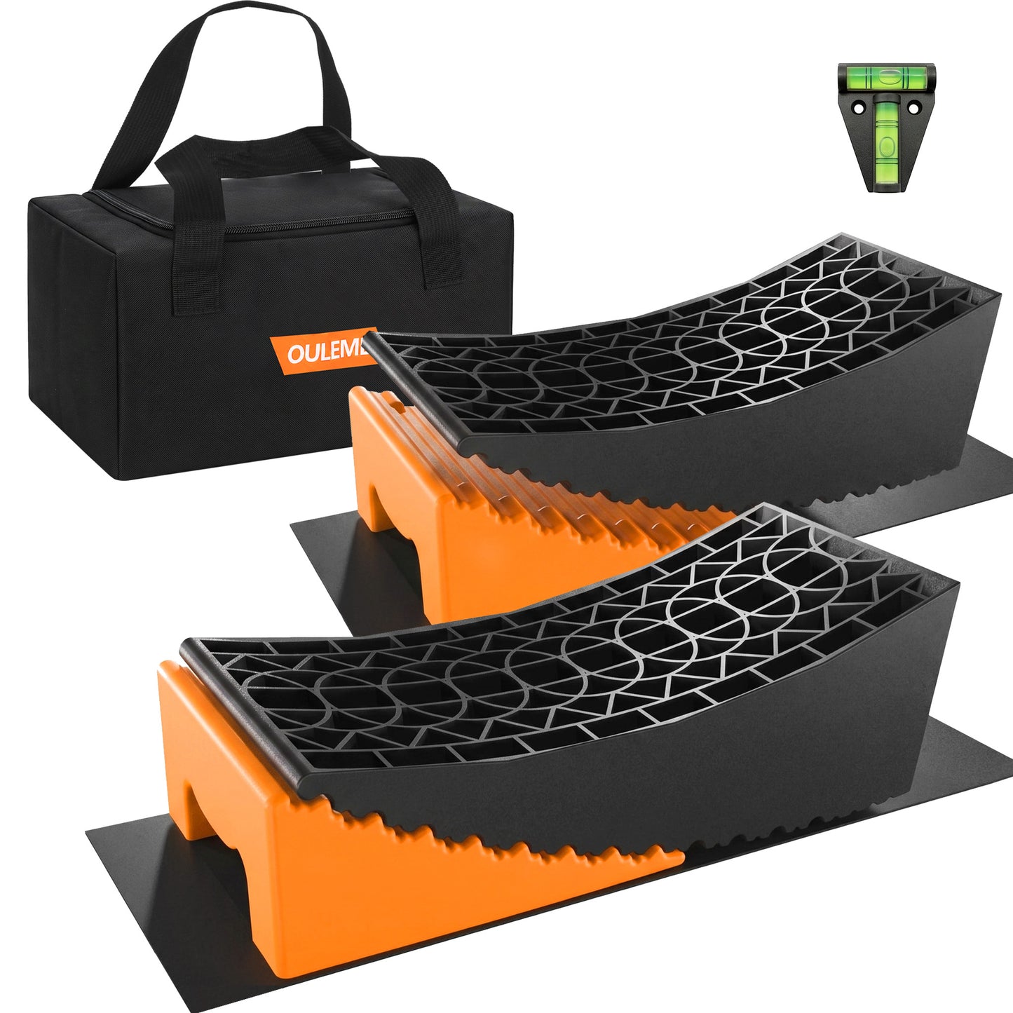 RV Leveling Block, Curved Leveler Kit, Dual Axle Trailer, Orange Lift 1/2" to 4", 2 Curved Ramp, 2 Chock, 2 Rubber Mat, 1 T Bubble Level, 1 Carry Bag, 2PK