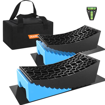 2 PK RV Leveling Block, Dual Axle Trailer Curved Leveler Ramp, Lift 1/2" to 4", 2 Curved Ramp, 2 Chock, 2 Rubber Mat, 1 T Bubble Level, 1 Carry Bag, Blue