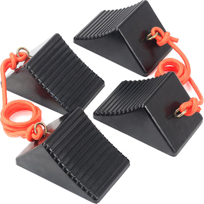Heavy Duty Rubber Wheel Chock with Eyebolt, Solid Wheel Stopper, 8"x5"x4"(4-Pack), OLM-WC03R4