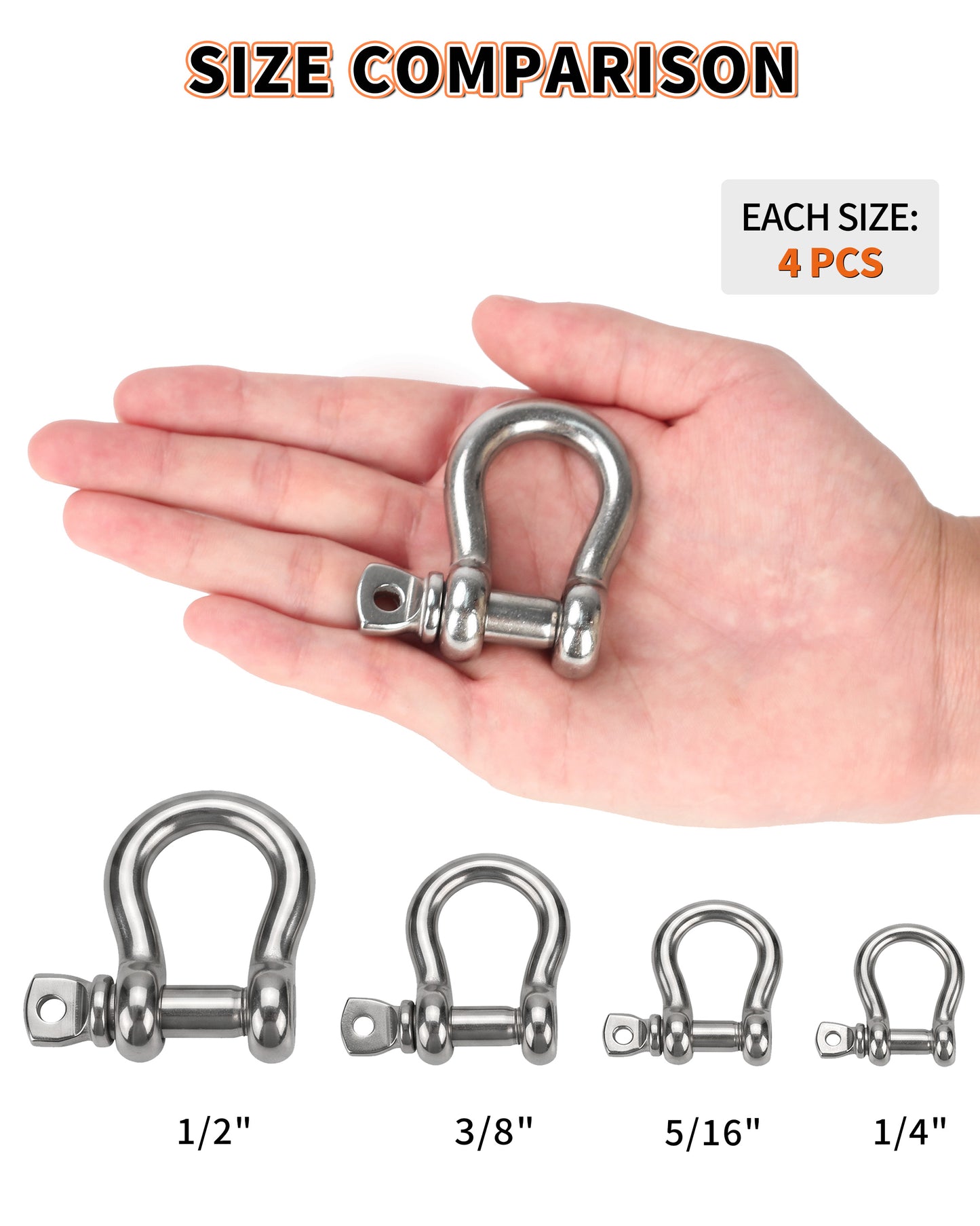 5/16" Bow Shackle, Marine Grade 316 Stainless Steel D-Ring Shackle, Heavy Duty Screw Pin Anchor Shackle for Boat, Sailboat, Chain, Strap and Rigging, 4-Pack