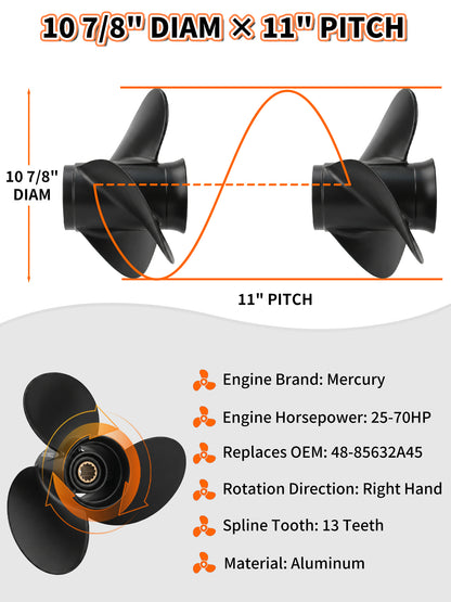 10 7/8 x 11 Aluminum Boat Propeller, for Mercury Outboard 25-75 HP Motors, 13 Tooth Spline, 3-Blade, RH