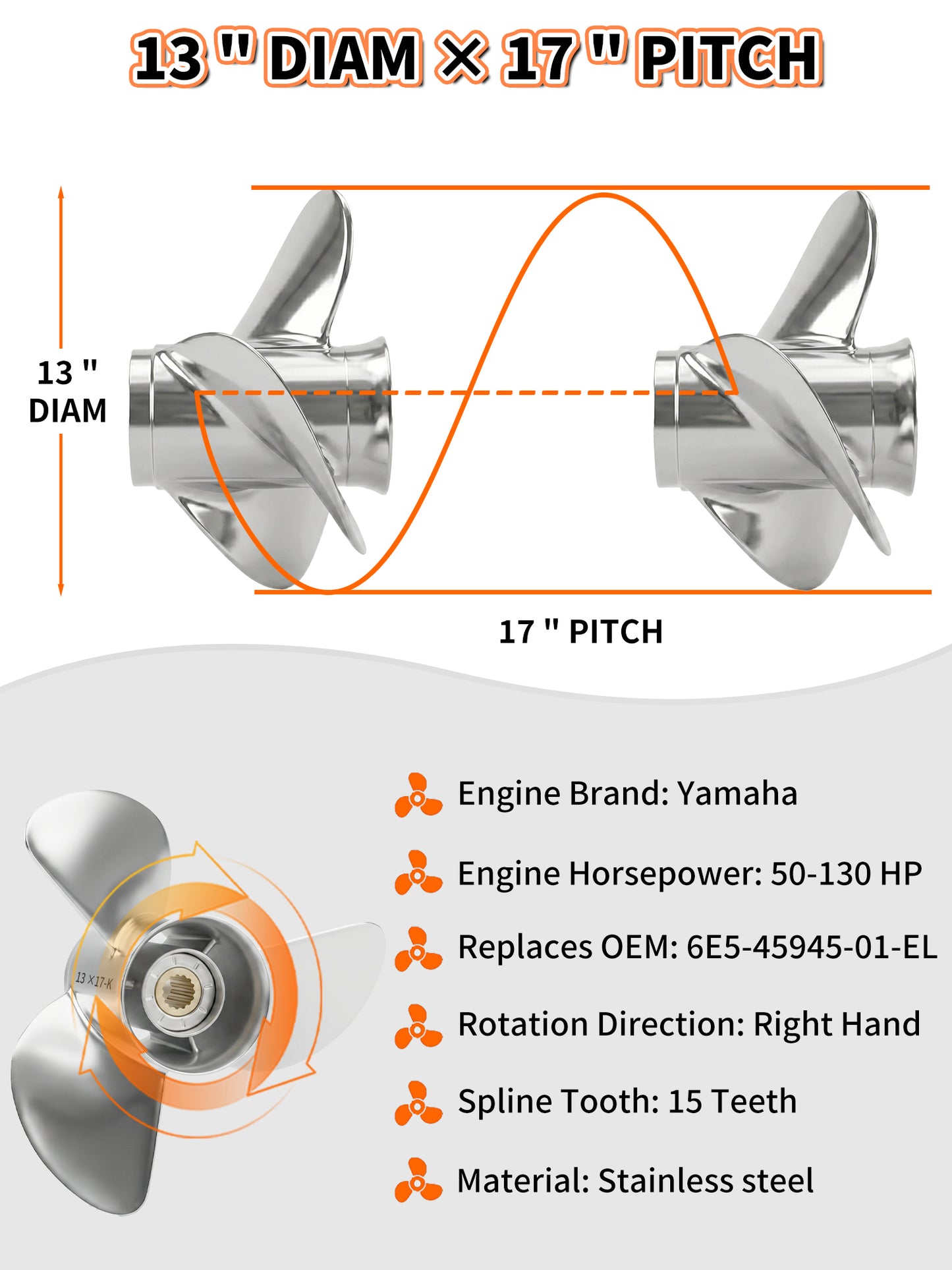 Boat Propeller, 13 x 17, for Yamaha Outboard 50-130 HP Motors, 15 Tooth Spline, 3-Blade, RH