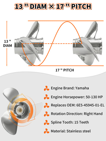 Boat Propeller, 13 x 17, for Yamaha Outboard 50-130 HP Motors, 15 Tooth Spline, 3-Blade, RH