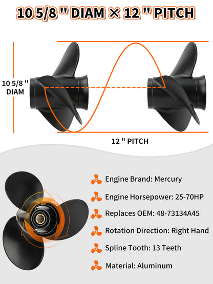 10 5/8 x 12 Aluminum Boat Propeller, for Mercury Outboard 25-75 HP Motors, 13 Tooth Spline, 3-Blade, RH