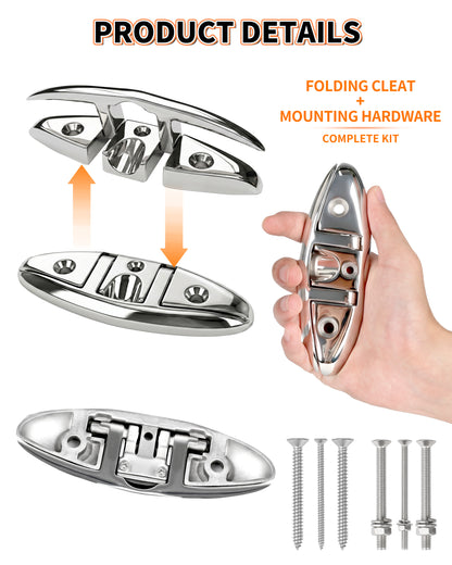 5" Flip Up Boat Cleat, 316 Stainless Steel Folding Dock Cleat with Fasteners, Marine Grade Rope Cleats for Kayak, Yacht & Pontoon, 2-Pack/4-Pack