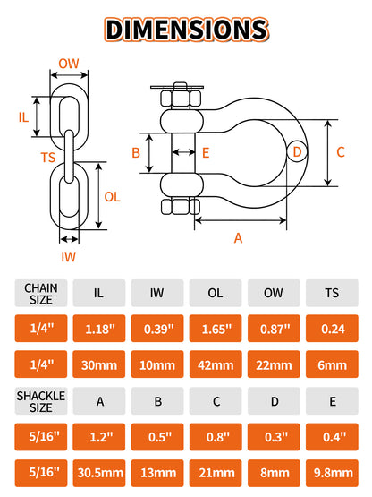 1/4" 316 Stainless Steel Boat Anchor Chain Kit, Heavy-Duty Marine Lead Chain with 2 Anti-Off Shackles for Pontoon & Sailboat