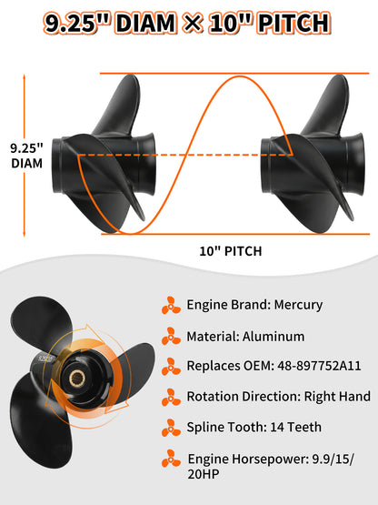 Aluminum Boat Propeller, 9.25 x 9/10/11, for Mercury Outboard 9.9/15/20 HP Motors, 14 Tooth Spline, 3-Blade, RH
