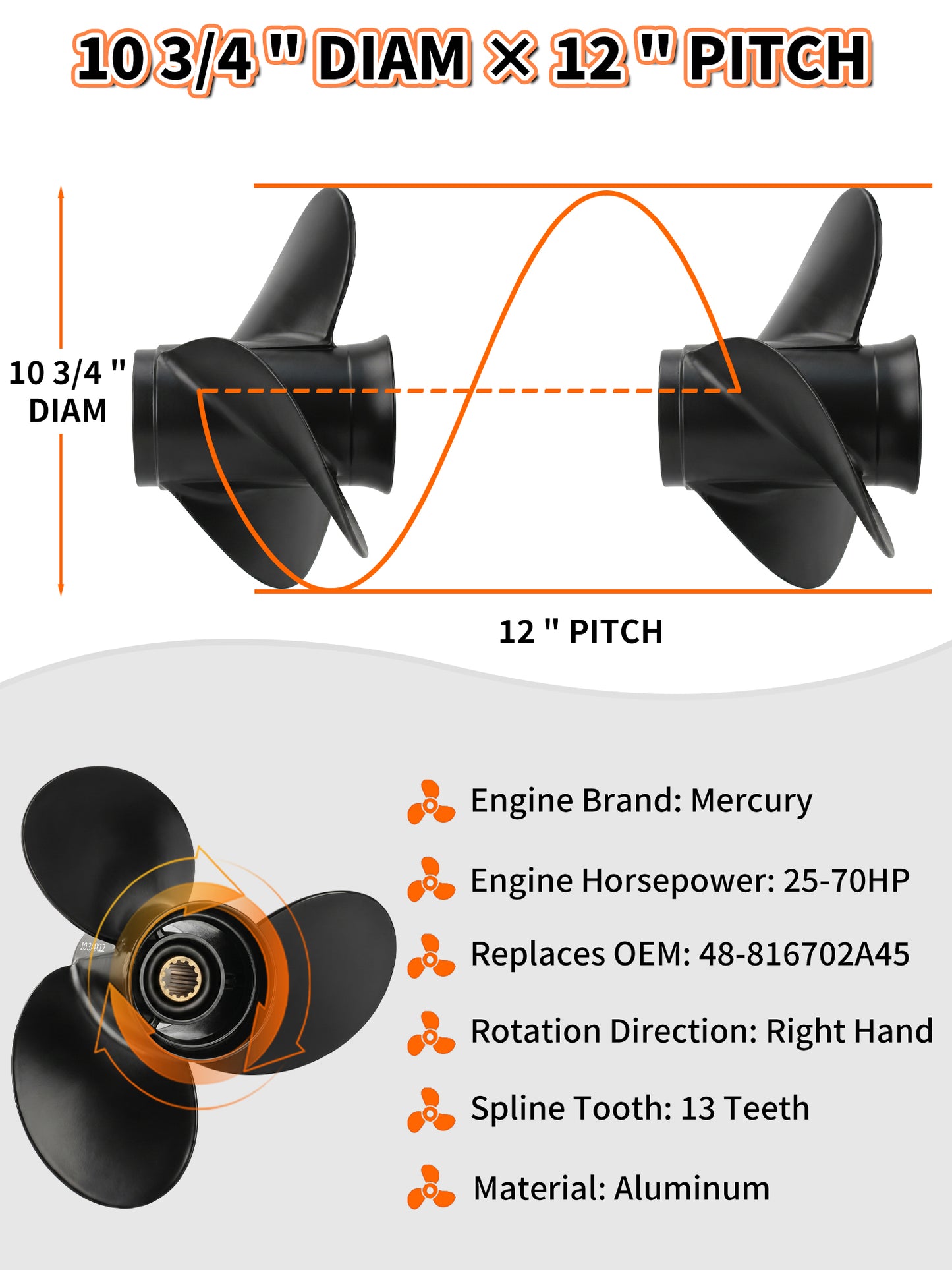 10 3/4 x 12 Aluminum Boat Propeller, for Mercury Outboard 25-75 HP Motors, 13 Tooth Spline, 3-Blade, RH
