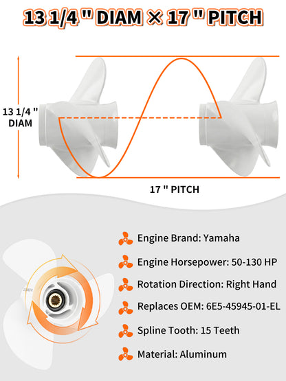 Boat Propeller 13 1/4 x 17, for Yamaha Outboard 50-130 HP Motors, 15 Tooth Spline, 3-Blade, RH