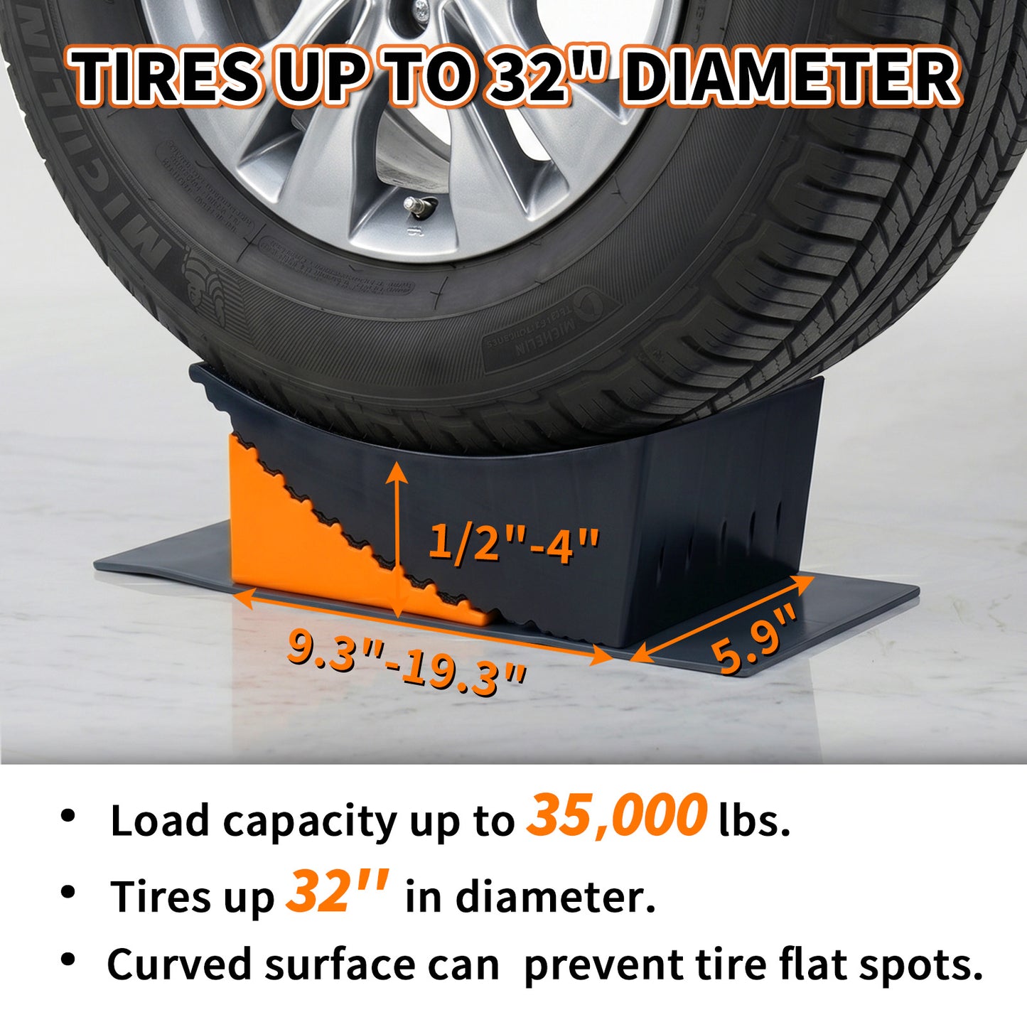RV Leveling Block, Curved Leveler Kit, Dual Axle Trailer, Orange Lift 1/2" to 4", 2 Curved Ramp, 2 Chock, 2 Rubber Mat, 1 T Bubble Level, 1 Carry Bag, 2PK