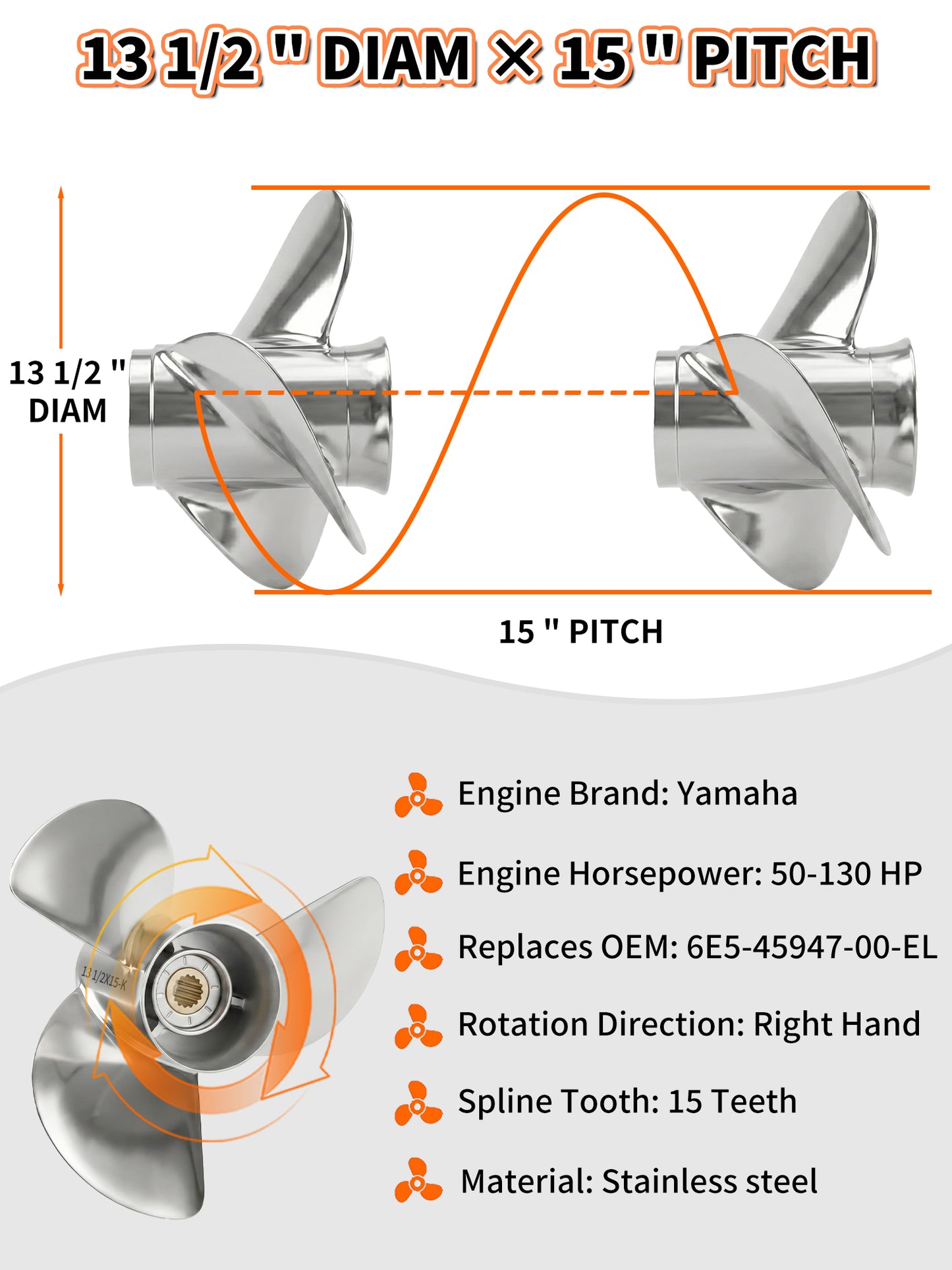 Boat Propeller, 13 1/2 x 15, for Yamaha Outboard 50-130 HP Motors, 15 Tooth Spline, 3-Blade, RH