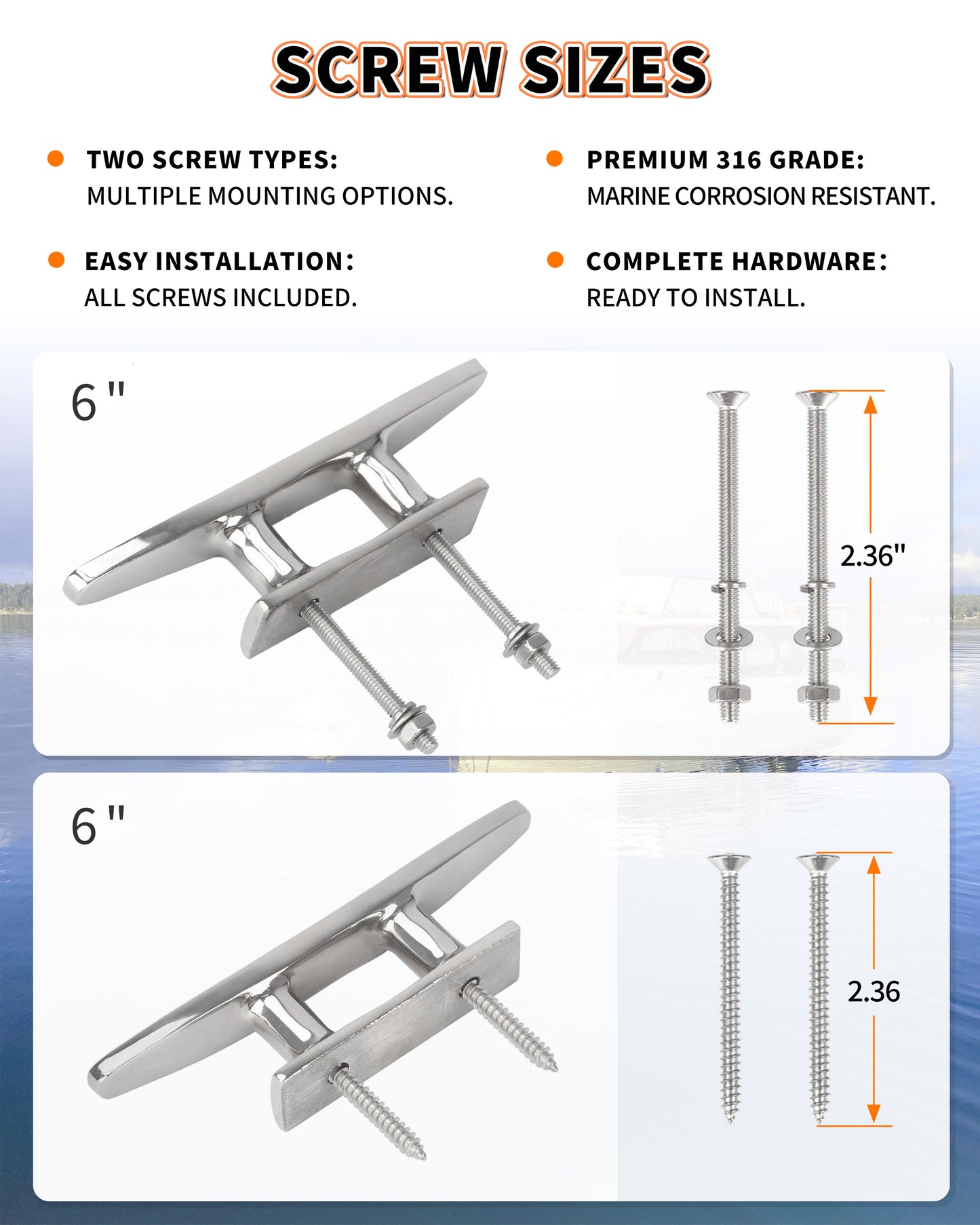 6" Boat Cleat, 316 Stainless Steel Dock Cleat with Screws, Marine Grade Rope Cleat for Deck Mooring or Nautical Decor, 2-Pack