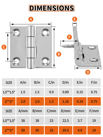 2" x 2" Boat Hinge, 316 Stainless Steel Marine Grade Hatch Hinge with Mounting Screws, Heavy Duty Door Hinge for Yacht, RV, Deck and Home Use, 2-Pack/4-pack