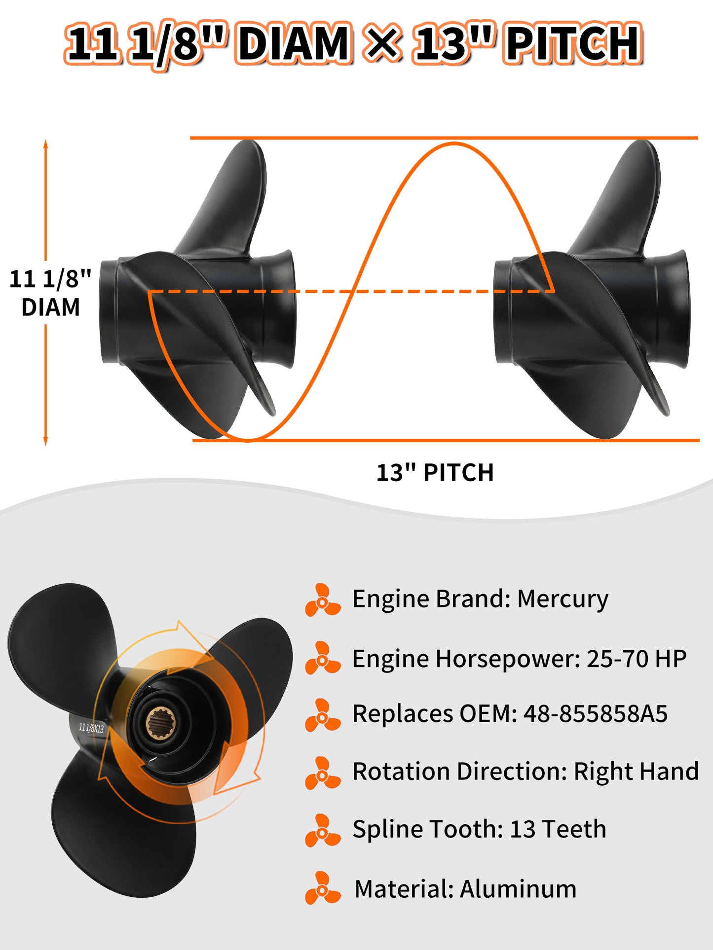 11 1/8 x 13 Aluminum Boat Propeller, for Mercury Outboard 25-75 HP Motors, 13 Tooth Spline, 3-Blade, RH