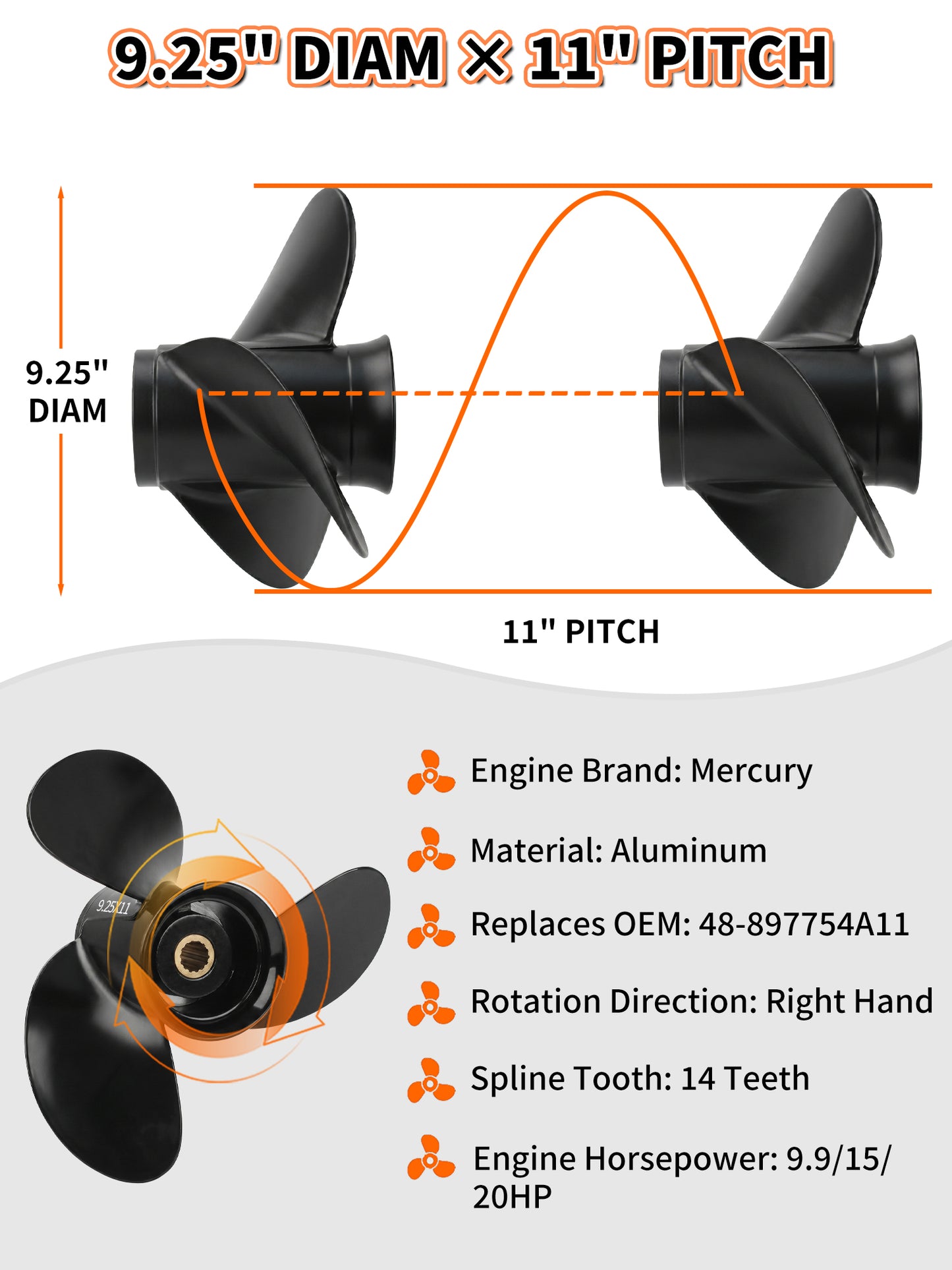 Aluminum Boat Propeller, 9.25 x 9/10/11, for Mercury Outboard 9.9/15/20 HP Motors, 14 Tooth Spline, 3-Blade, RH