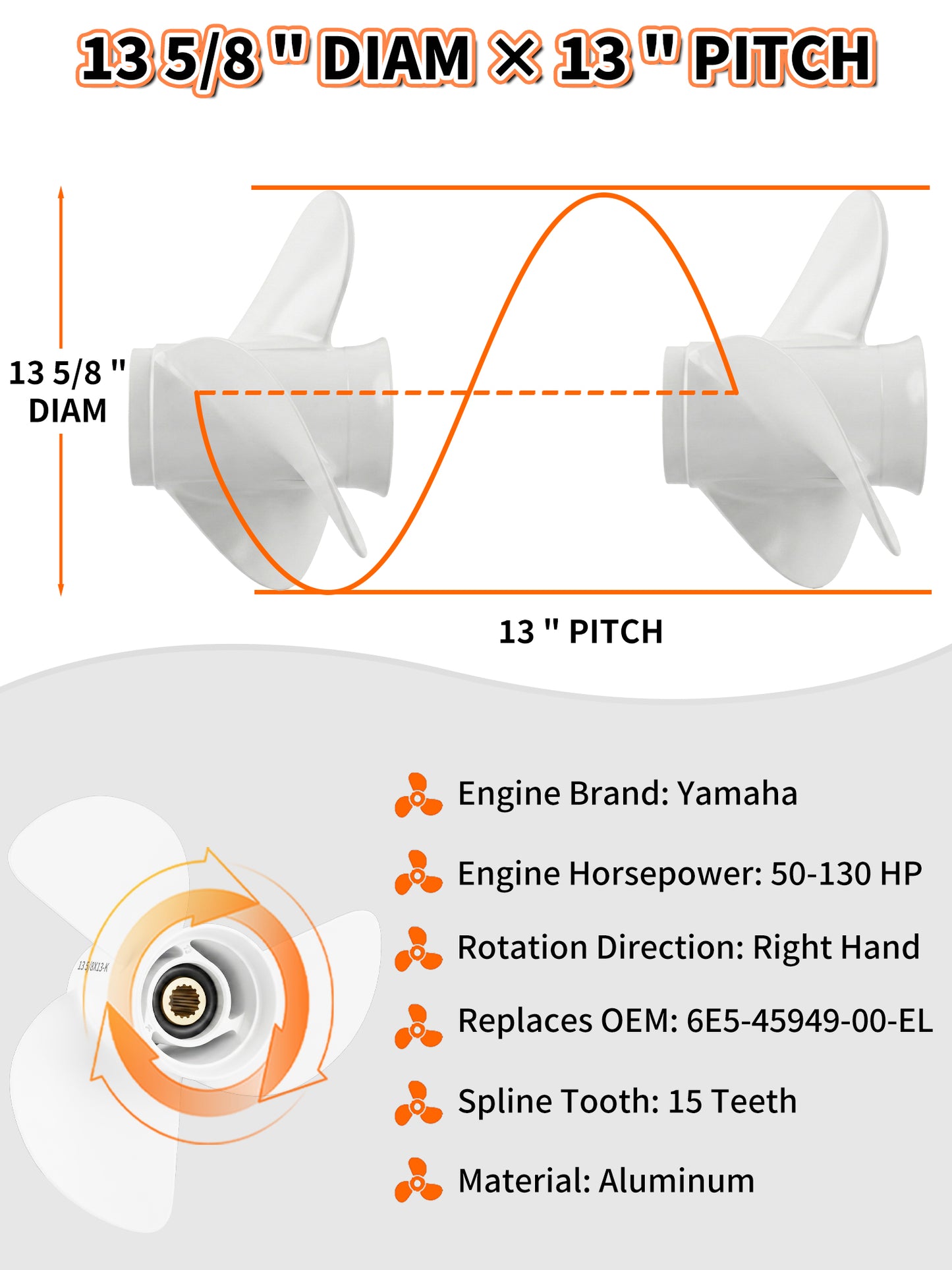 Boat Propeller, 13 5/8 x 13, for Yamaha Outboard 50-130 HP Motors, 15 Tooth Spline, 3-Blade, RH