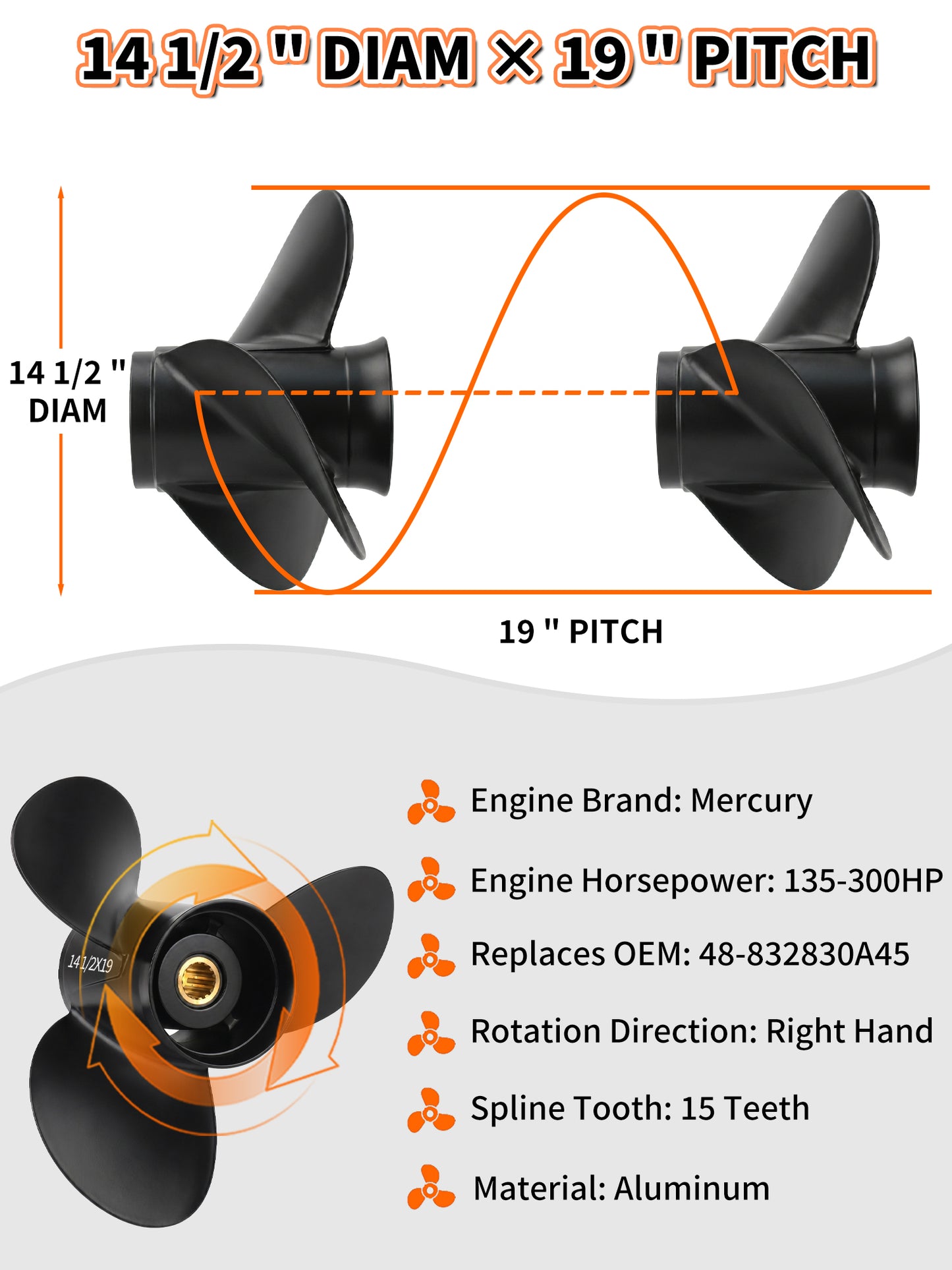 Aluminum Boat Propeller 14 1/2 x 19, for Mercury Outboard 135-300 HP Motors, 15 Tooth Spline, 3-Blade, RH