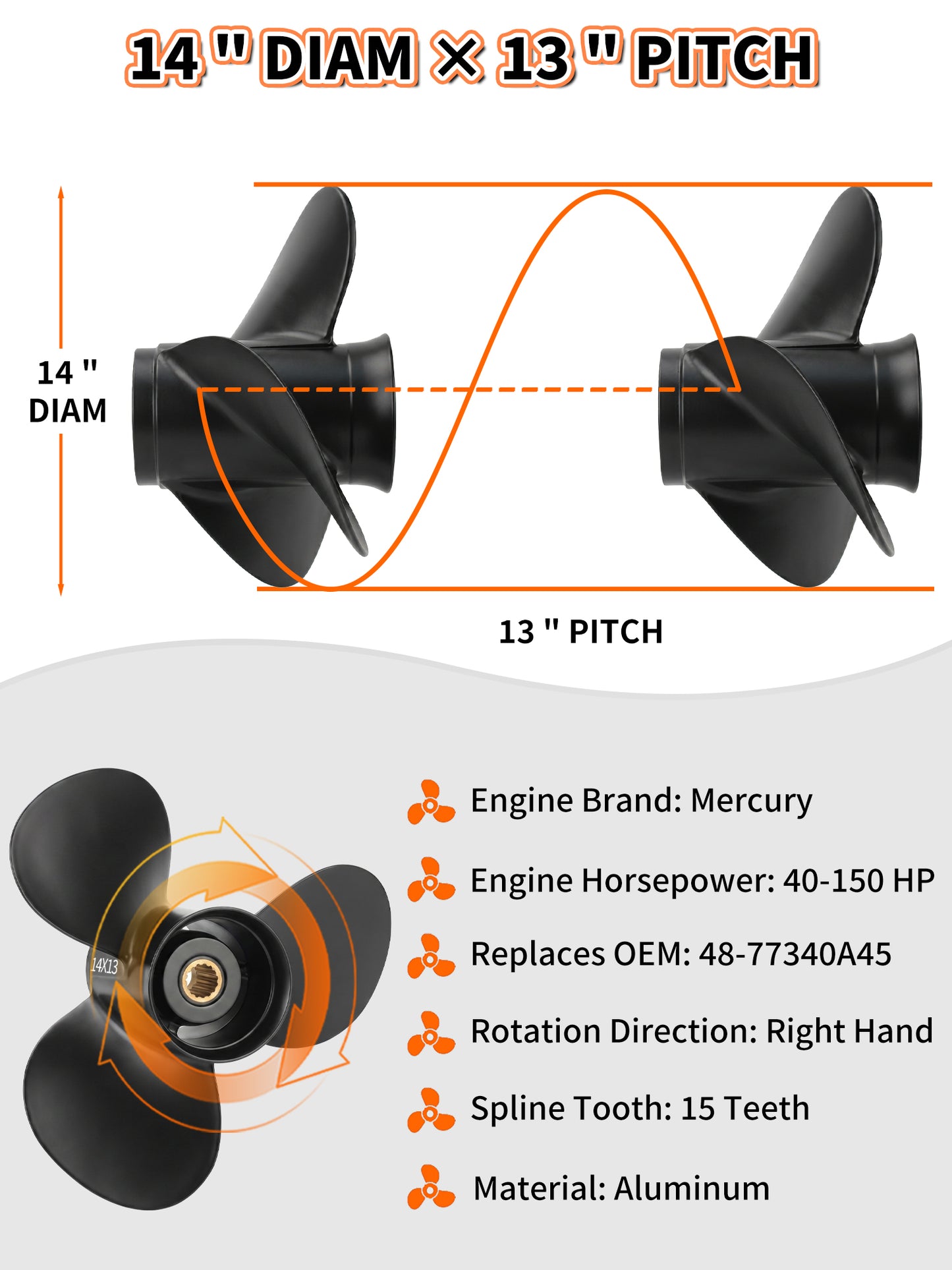 Aluminum Boat Propeller 14 x 13, for Mercury Outboard 40-140 HP Motors, 15 Tooth Spline, 3/4-Blade, RH