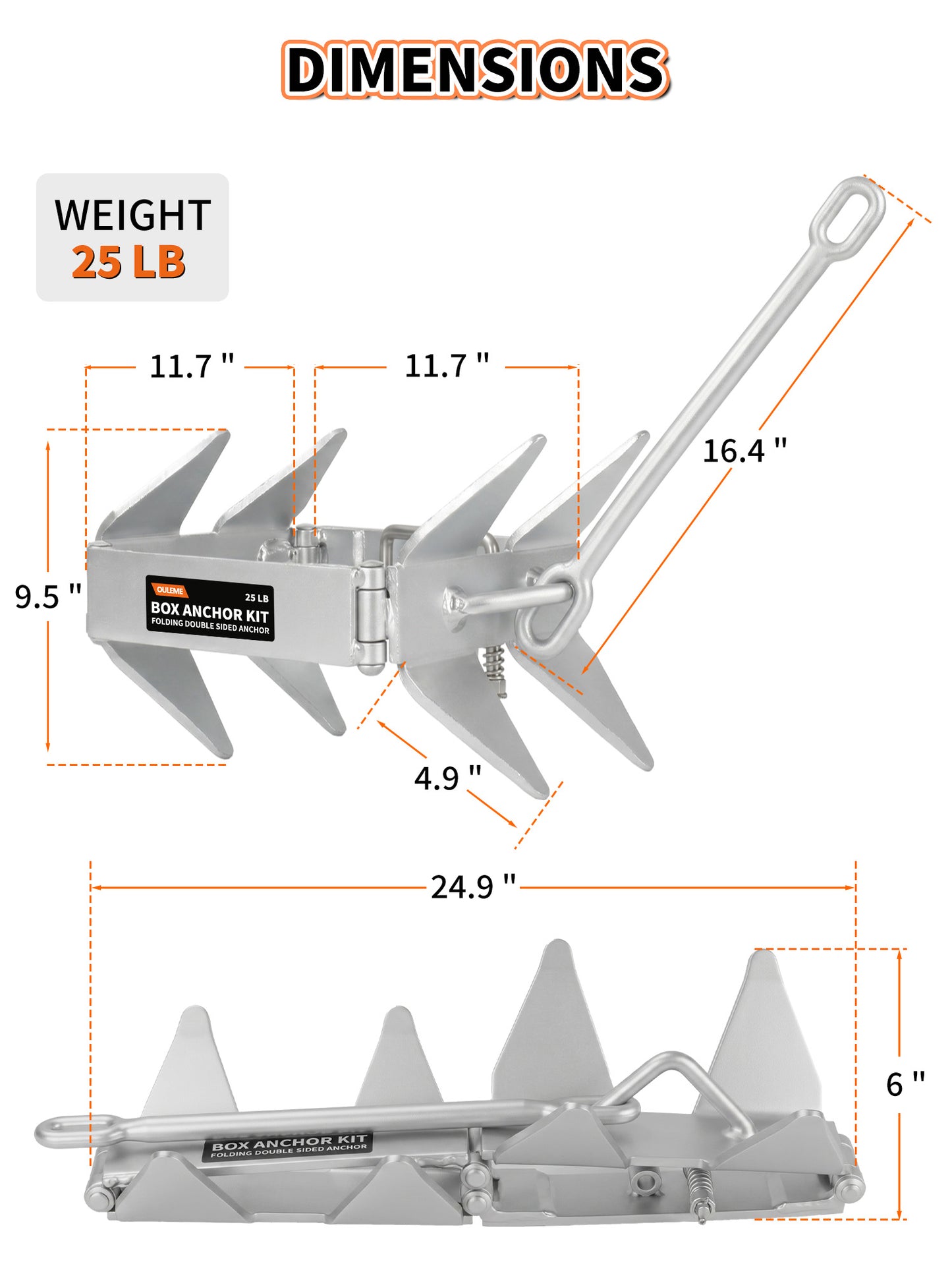 13/19/25 LB Folding Box Anchor Kit with 100 FT Nylon Rope & Chain, for Pontoon, Fishing, Bass Boat, Sport Boat & Cabin Cruiser Up to 24/32/40 FT