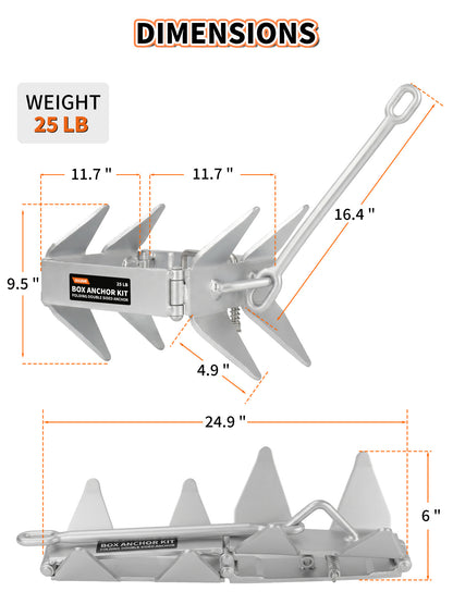 13/19/25 LB Folding Box Anchor Kit with 100 FT Nylon Rope & Chain, for Pontoon, Fishing, Bass Boat, Sport Boat & Cabin Cruiser Up to 24/32/40 FT