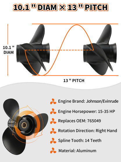 Aluminum Boat Propeller, 10.1 x 13, for Johnson/Evinrude Outboard 15-35 HP Motors, 14 Tooth Spline, 3-Blade, RH
