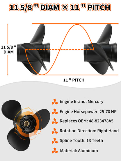 11 5/8 x 11 Aluminum Boat Propeller, for Mercury Outboard 25-75 HP Motors, 13 Tooth Spline, 3-Blade, RH