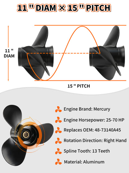 11 x 15 Aluminum Boat Propeller, for Mercury Outboard 25-75 HP Motors, 13 Tooth Spline, 3-Blade, RH