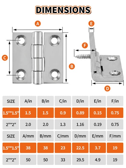 1.5" x 1.5" Boat Hinge, 316 Stainless Steel Marine Grade Hatch Hinge with Mounting Screws, Heavy Duty Door Hinge for Yacht, RV, Deck and Home Use, 2-Pack/4-pack