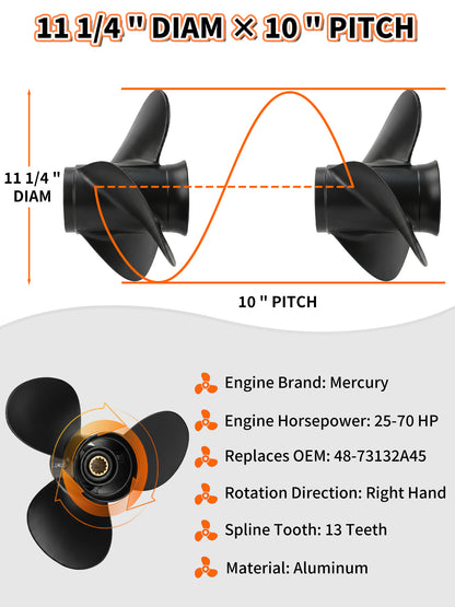11 1/4 x 10 Aluminum Boat Propeller, for Mercury Outboard 25-75 HP Motors, 13 Tooth Spline, 3-Blade, RH