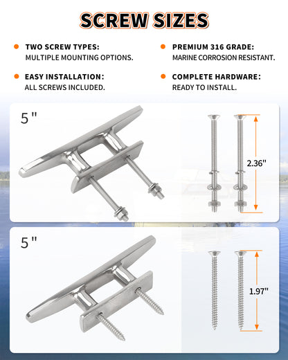 5" Boat Cleat, 316 Stainless Steel Dock Cleat with Screws, Marine Grade Rope Cleat for Deck Mooring or Nautical Decor, 2-Pack