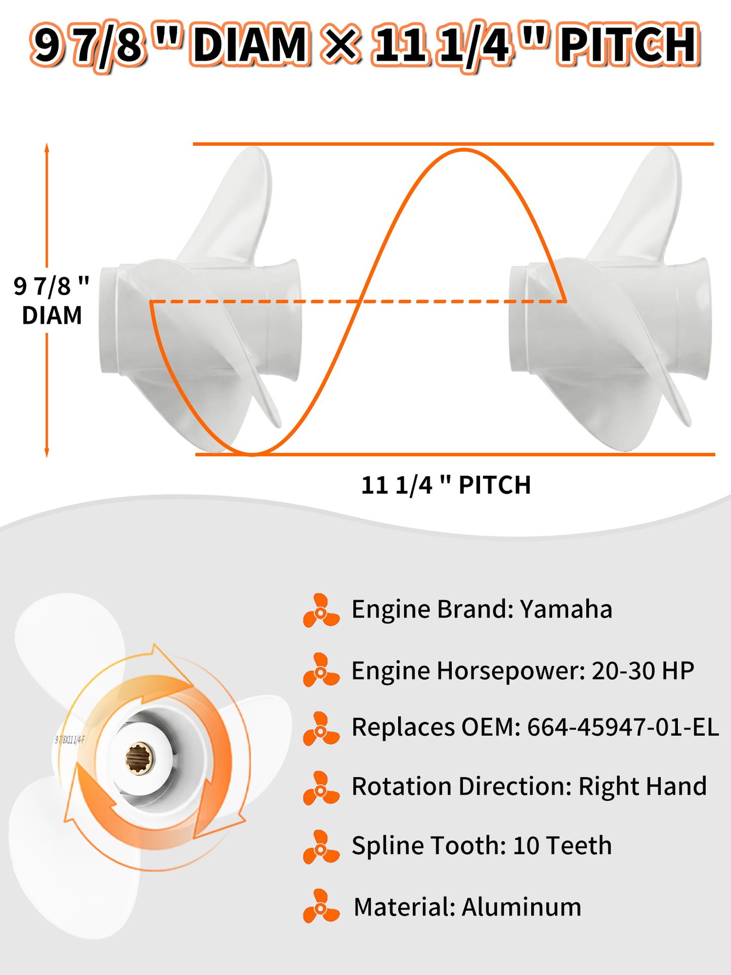 664-45947-01-EL Aluminum Boat Propeller, 9 7/8 x 11 1/4, for Yamaha Outboard 20-30 HP Motors, 10 Tooth Spline, 3-Blade, RH