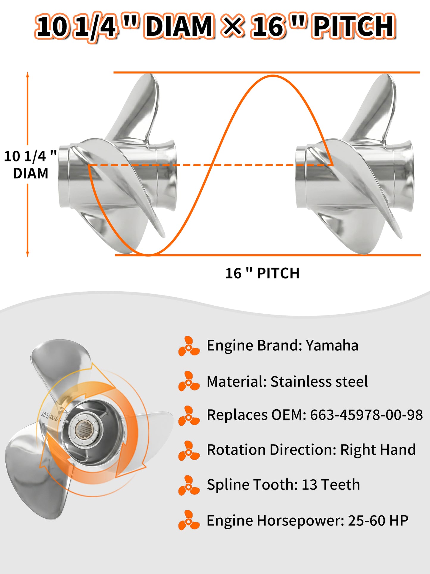 Stainless Steel Boat Propeller 10 1/4 x 16, for Yamaha Outboard 40/48/50/55/60 HP Motors, 13 Tooth Spline, 3-Blade, RH