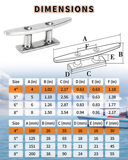 4" Boat Cleat, 316 Stainless Steel Dock Cleat with Screws, Marine Grade Rope Cleat for Deck Mooring or Nautical Decor, 2-Pack