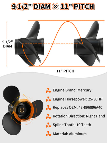 Aluminum Boat Propeller, 9.5 x 11, for Mercury Outboard 25-30 HP Motors, 10 Tooth Spline, 3-Blade, RH