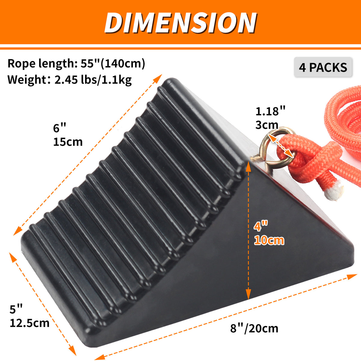 Heavy Duty Rubber Wheel Chock with Eyebolt, Solid Wheel Stopper, 8"x5"x4"(4-Pack), OLM-WC03R4