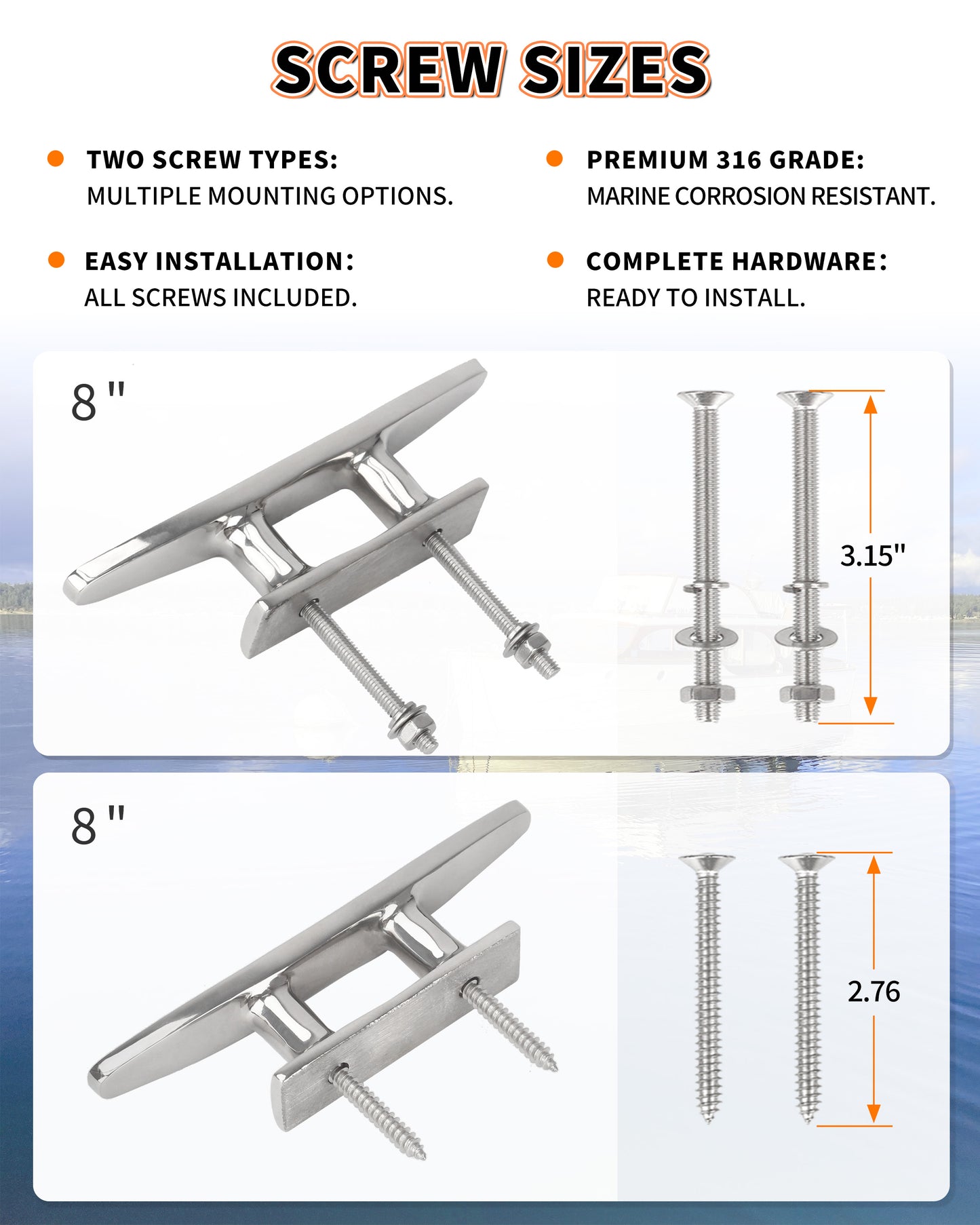 8" Boat Cleat, 316 Stainless Steel Dock Cleat with Screws, Marine Grade Rope Cleat for Deck Mooring or Nautical Decor, 2-Pack