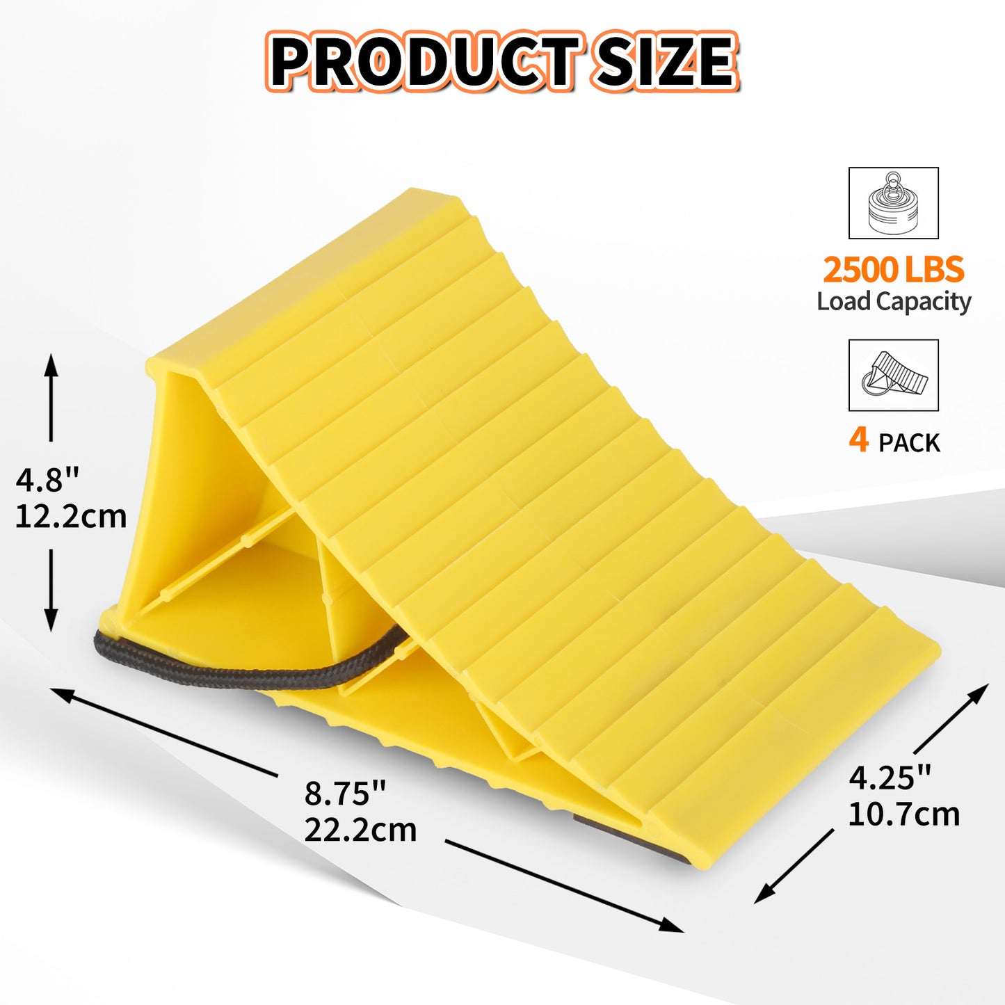 Wheel Chocks with Non-Slip Base, Lightweight Wheel Stoppers for Cars, Camper, RV &Trailer, 2 Pack, Yellow