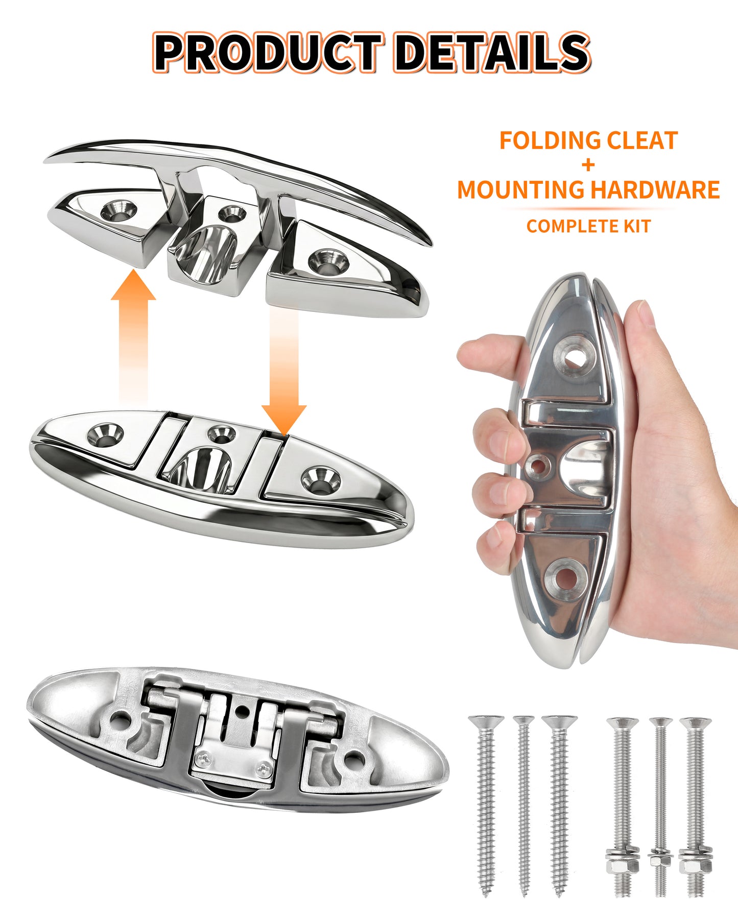 6" Flip Up Boat Cleat, 316 Stainless Steel Folding Dock Cleat with Fasteners, Marine Grade Rope Cleats for Kayak, Yacht & Pontoon, 2-Pack/4-Pack