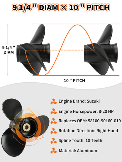 58100-90L60-019 Aluminum Boat Propeller, 9 1/4 x 10, for Suzuki Outboard 8-20 HP Motors, 10 Tooth Spline, 3-Blade, RH