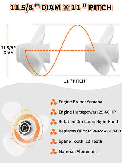 Stainless Steel Boat Propeller, 11 5/8 x 11, for Yamaha Outboard 40/48/50/55/60 HP Motors, 13 Tooth Spline, 3-Blade, RH
