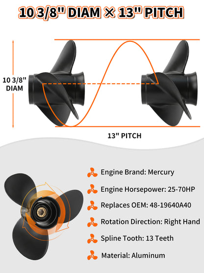 10 3/8 x 13 Aluminum Boat Propeller, for Mercury Outboard 25-75 HP Motors, 13 Tooth Spline, 3-Blade, RH