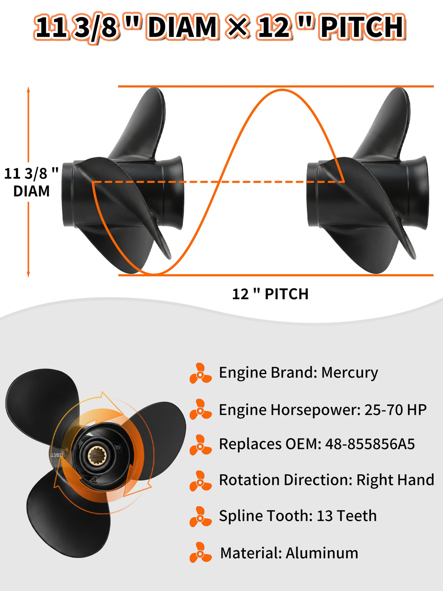 11 3/8 x 12 Aluminum Boat Propeller, for Mercury Outboard 25-75 HP Motors, 13 Tooth Spline, 3-Blade, RH