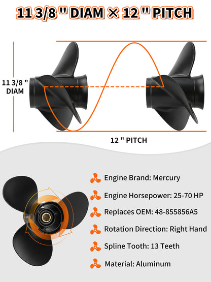 11 3/8 x 12 Aluminum Boat Propeller, for Mercury Outboard 25-75 HP Motors, 13 Tooth Spline, 3-Blade, RH
