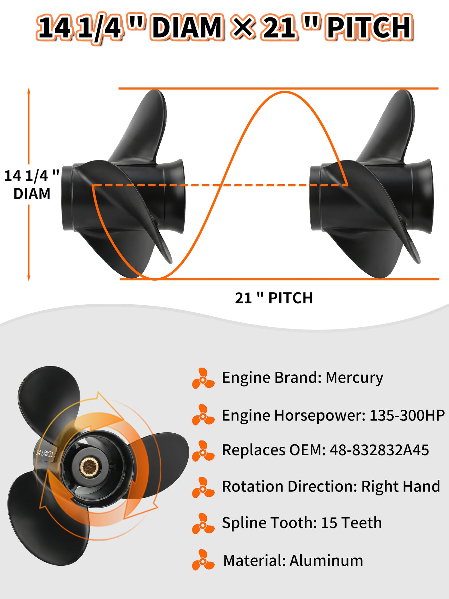 Aluminum Boat Propeller  14 1/4 x 21, for Mercury Outboard 135-300 HP Motors, 15 Tooth Spline, 3-Blade, RH
